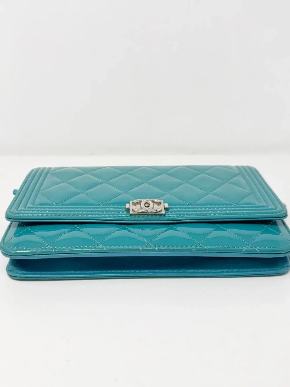 Chanel Turquoise Quilted Patent Leather Wallet on Chain